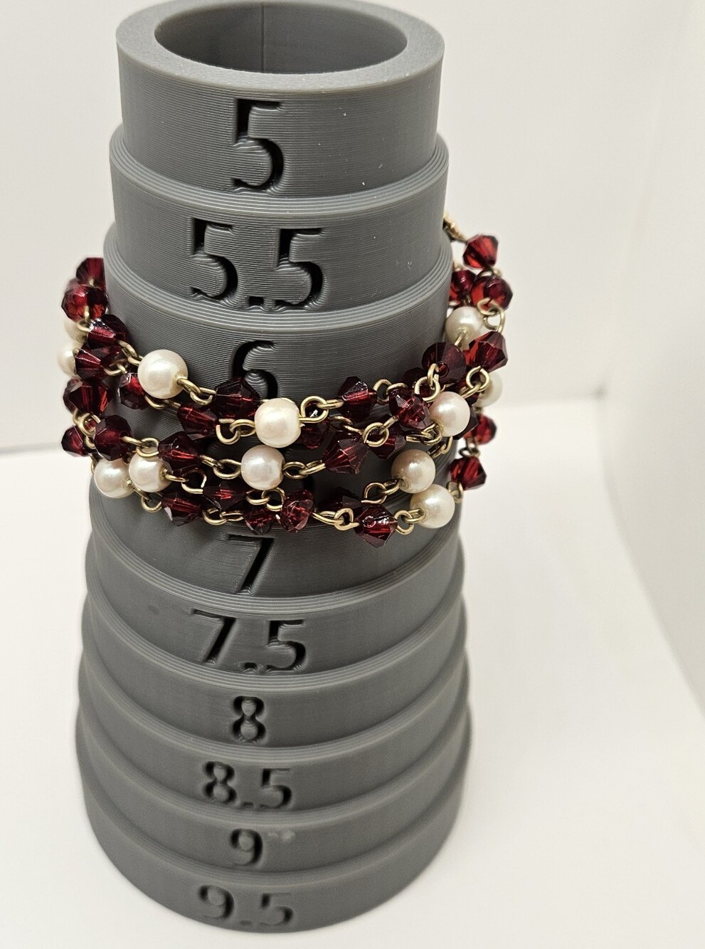 Red Crystal & Pearl 5 Five Row Gold Tone Bracelet Bicone